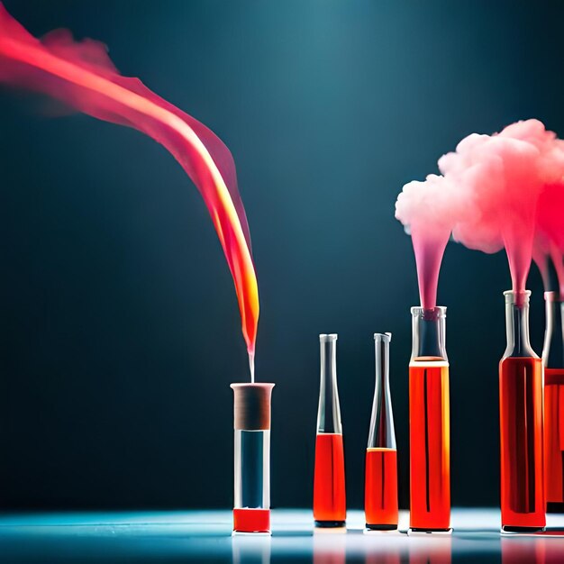 A series of test tubes with red liquid and smoke in the background.