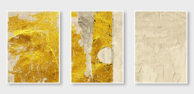 A series of three paintings abstract golden background the fashion of modern art in the wall