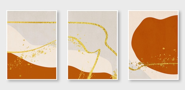 일련의 3개의 그림은 벽에 있는 현대 미술의 패션을 추상화하는 황금색 배경입니다.