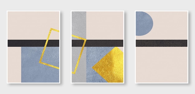 A series of three paintings abstract shapes the golden background The fashion of modern art wall