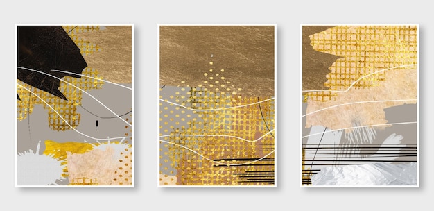 일련의 세 가지 그림 추상화는 황금 배경을 형성합니다. 현대 미술 벽의 패션