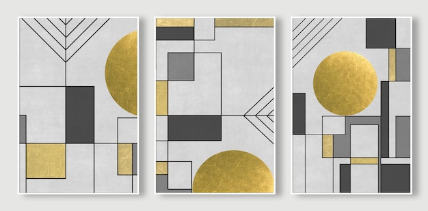 A series of three paintings with gold and black circles on them.