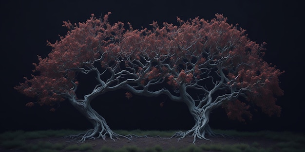 A series of trees with red leaves and roots