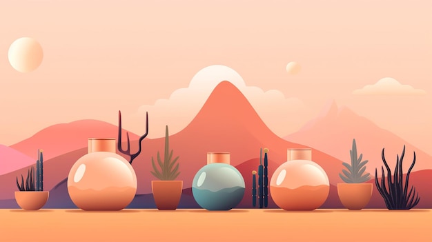 空の下の砂漠の砂の上に並ぶ一連の花瓶