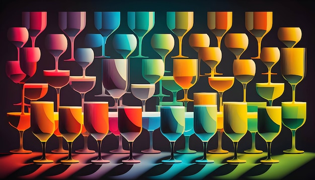 A series of wine glasses with colorful and colorful background.