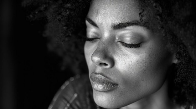 Serieuze Afro-Amerikaanse vrouw met gesloten ogen Zwart-wit close-up portret