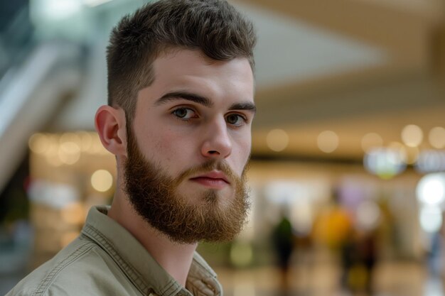 Serieuze jonge man in een winkelcentrum.