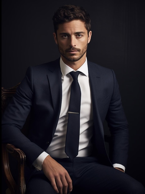 serieuze jonge mode zakenman in klassiek pak en stropdas zit op een stoel