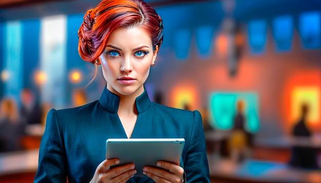 Foto serieuze jonge vrouw met een elektronische tablet in een modern kantoor.