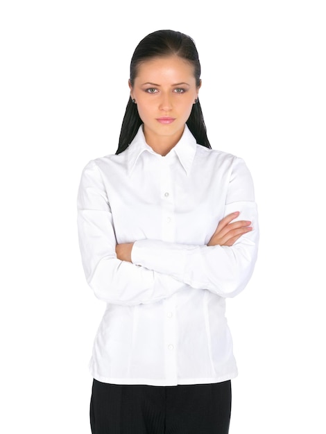 Serious about business Portrait of an attractive businesswoman looking serious against a white background