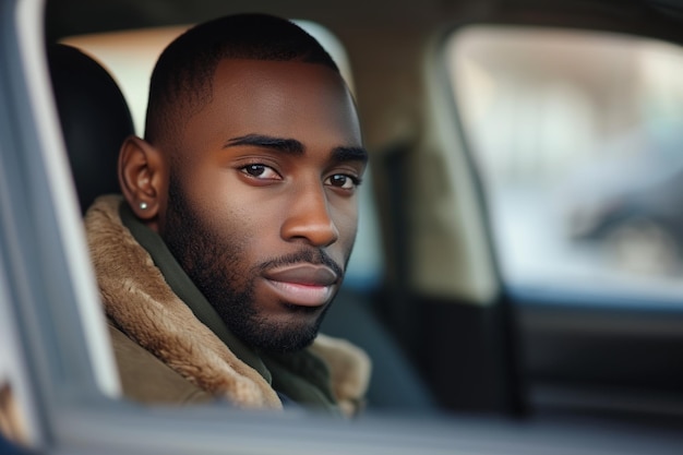 Photo serious african american man in car