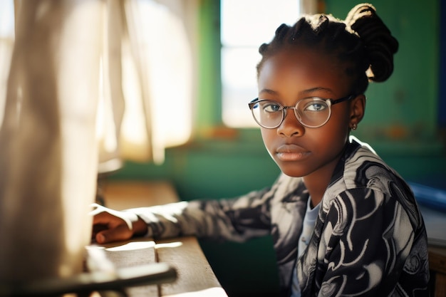 Serious African girl looks at the camera thoughtfully taking a break for rest in the course of doing homework Generative ai