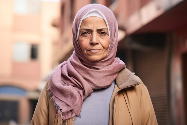 serious Arab muslim elderly woman in hijab posing on the street