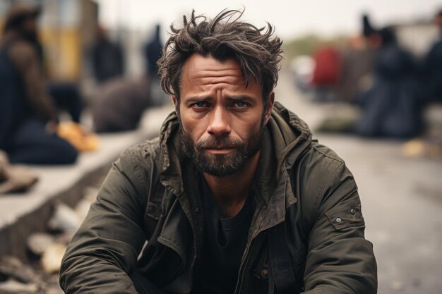 Serious bearded male in casual clothes looking at camera while standing on street with people