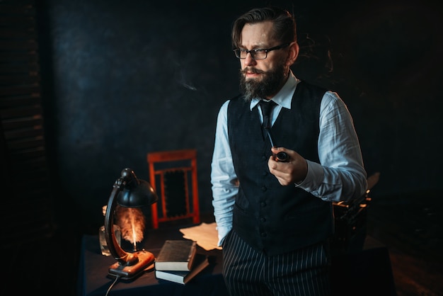 Serious bearded writer in glasses smoking a pipe