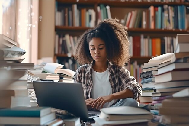 写真 図書館でラップトップを使っている真剣な黒人学生