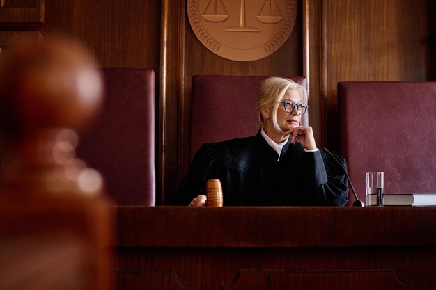 Photo serious blond female judge in black mantle hitting wooden gavel and pronouncing verdict