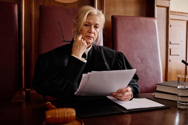 Serious blond woman in black mantle looking through paper documents
