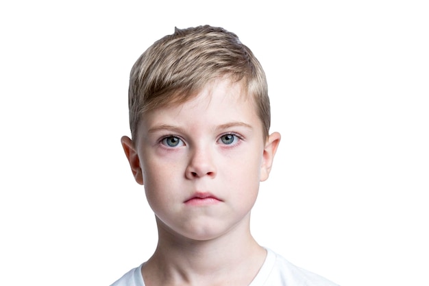 Serious boy Closeup Isolated on white background