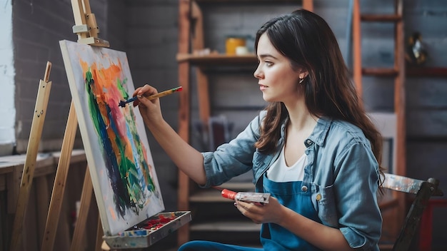 Photo serious brunette young beautiful woman sitting in art studio taking colorful paints from tube whil