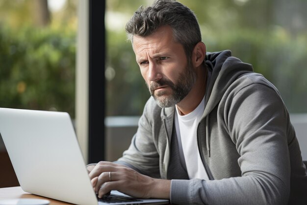 Photo serious business man engrossed in laptop worries