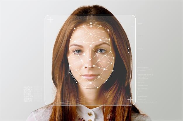 Photo serious business woman and smart technology for face recognition, double exposure.