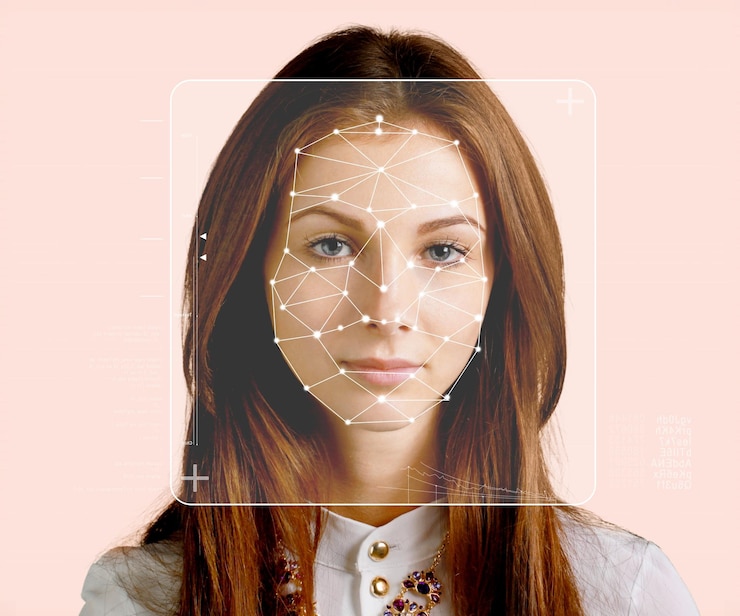 Photo serious business woman and smart technology for face recognition, double exposure.