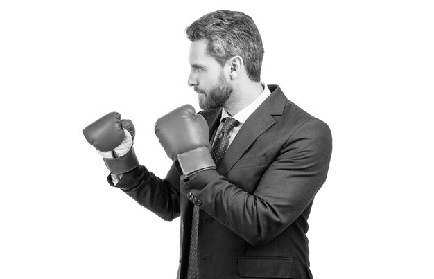 Serious businessman in formal suit and boxing gloves in fighting position isolated on white fight