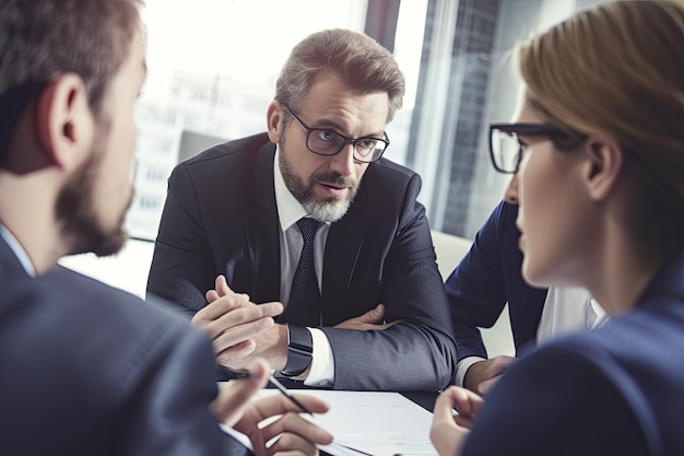 Serious businessman listening to his colleague during a meeting in the office Generative AI