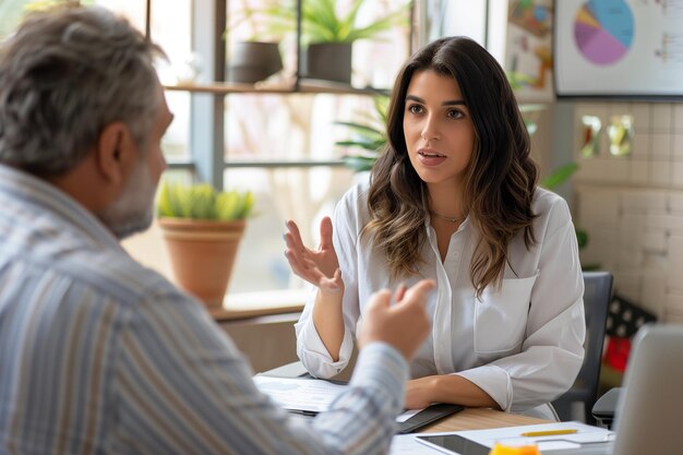 Serious businesswoman sitting at desk and talking with male colleague in office