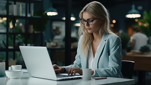 Serious businesswoman working on laptop while sitting at table in office