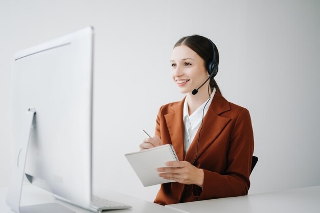 Photo serious call center operator in wireless headset talking with customer woman in headphones with microphone consulting client on phone in customer support service in business center