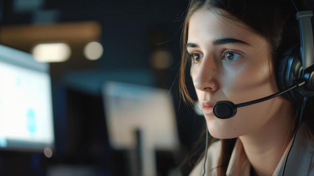 Serious call center operator in wireless headset talking with customer woman in headphones with microphone consulting client on phone