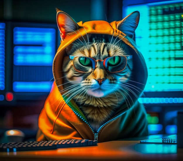 사진 모니터가 있는 방에 있는 심각한 고양이 해커 또는 소프트웨어 개발자 안경을 착용한 애완동물은 컴퓨터 게임을 하고 있거나 가상 현실을 보고 있습니다.