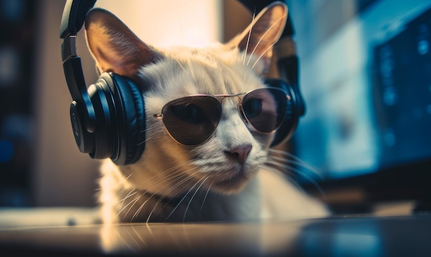 Serious cat wearing aviator sunglasses and headphones Feline listening to music Close up Generative AI