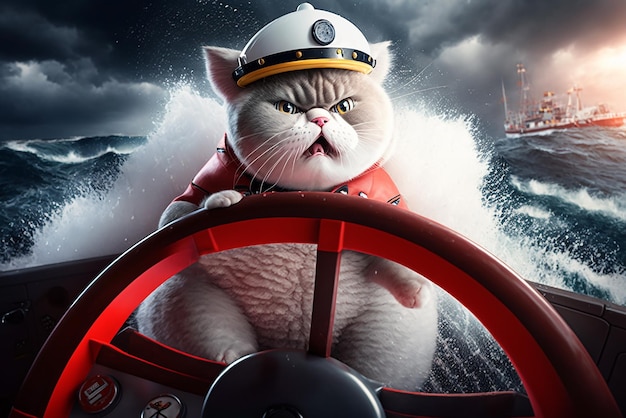 A serious cat wearing a marine captain's hat on sinking boat generative ai