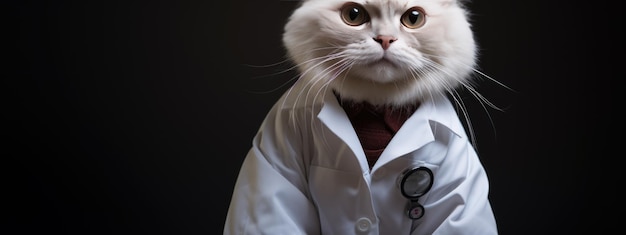 Serious cat in a white coat as a doctor or scientist