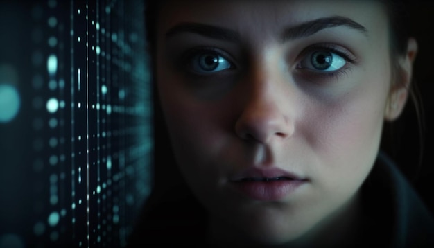 Серьезная кавказская девушка смотрит на светящийся экран компьютера, созданный ИИ