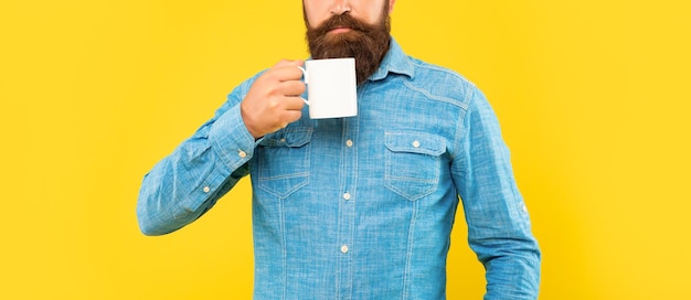 Serious caucasian man crop view holding tea mug yellow background