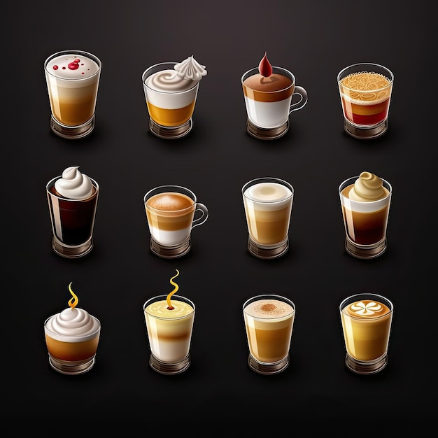 a serious of coffee icons different glass cups