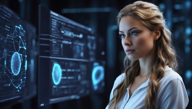 Serious concentrated attractive woman thinking about data analytics digital technology