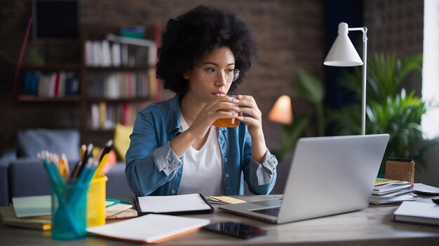 Photo serious concentrated female student uses online education service watches training webinar or cour