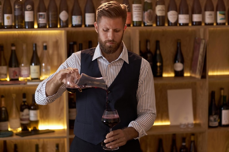 Photo serious and concentrated man using pitcher with red whine to pout crystal glass