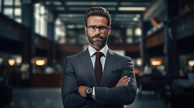 Serious and confident businessman stands in a suit against the backdrop of a modern office