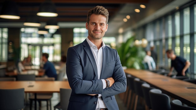 Serious and confident businessman stands in a suit against the backdrop of a modern office