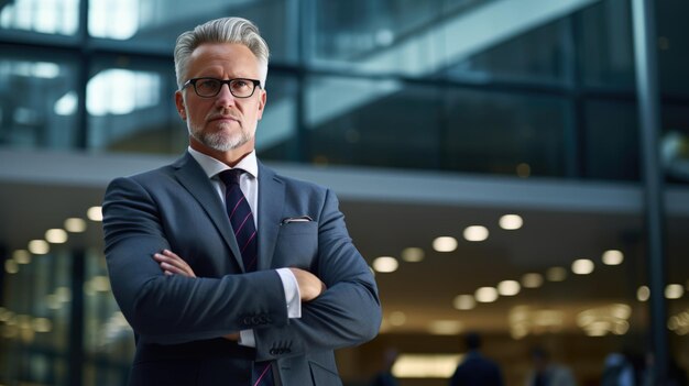 Serious and confident businessman stands in a suit against the backdrop of a modern office