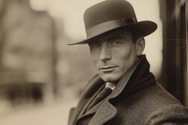 serious confident gentleman male detective aristocrat in a hat and coat on street in city Vintage black and white historical film photography