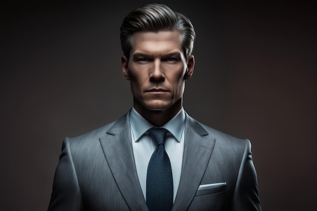 Serious and confident young businessman on dark background