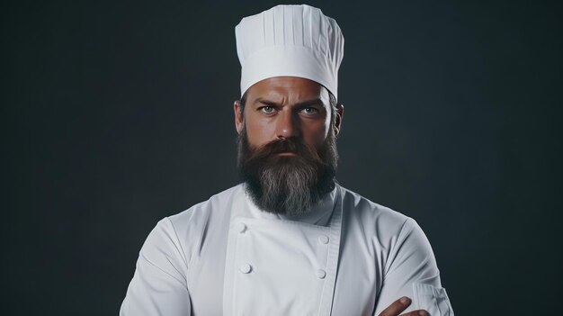 Serious cook in white uniform chef hat Portrait of a serious chef cook