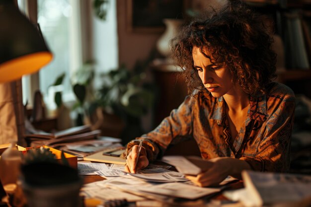 Serious curly haired woman manages household family ai generative